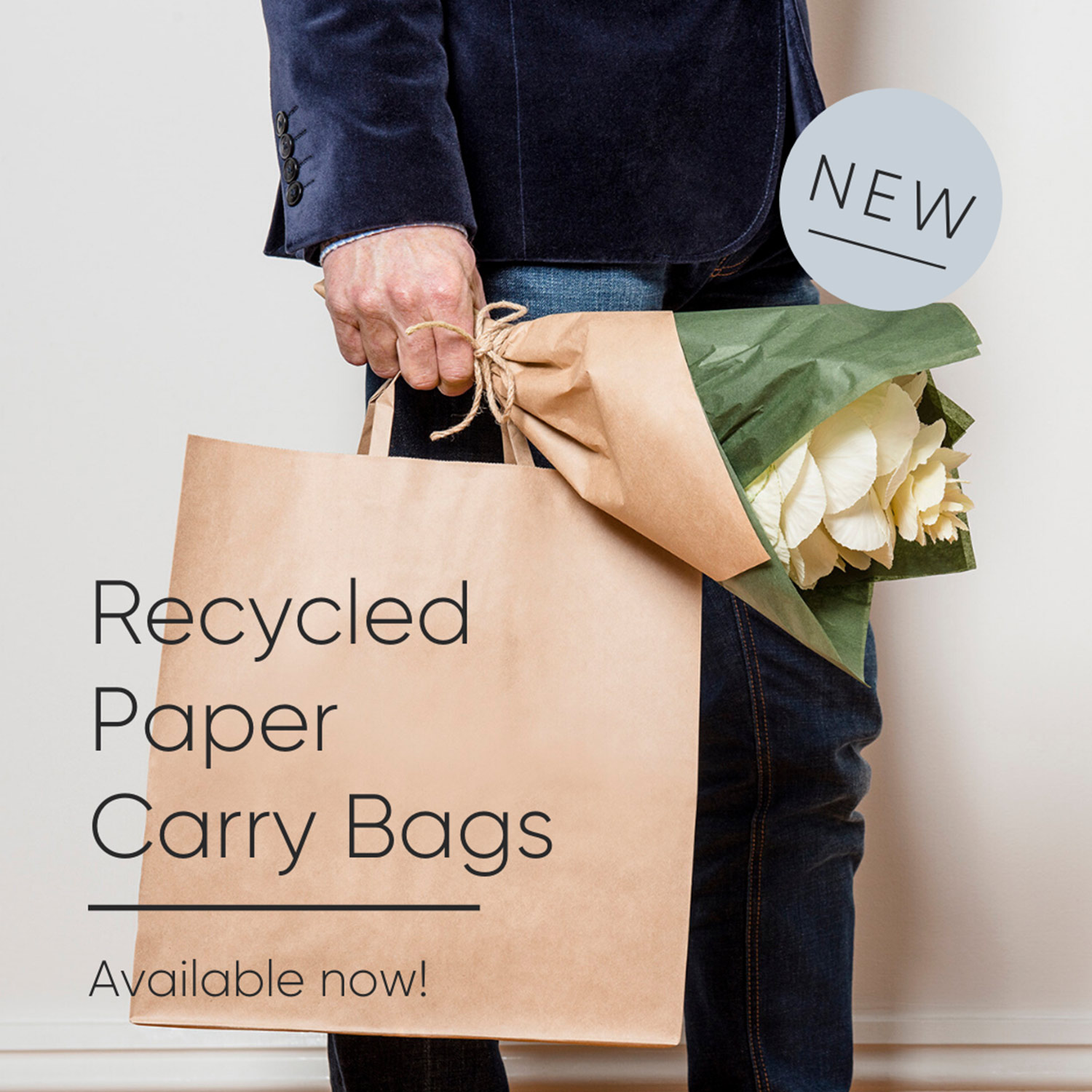 Image of a man carrying a paper bag with text "recycled paper carry bags" 