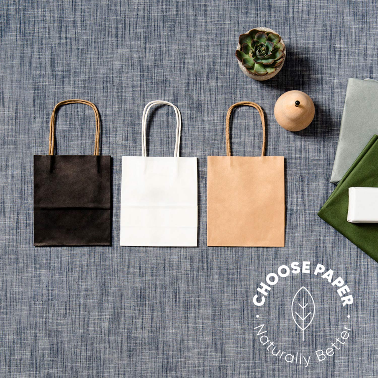 Image of three paper carry bags with logo "Choose paper. Naturally Better". 