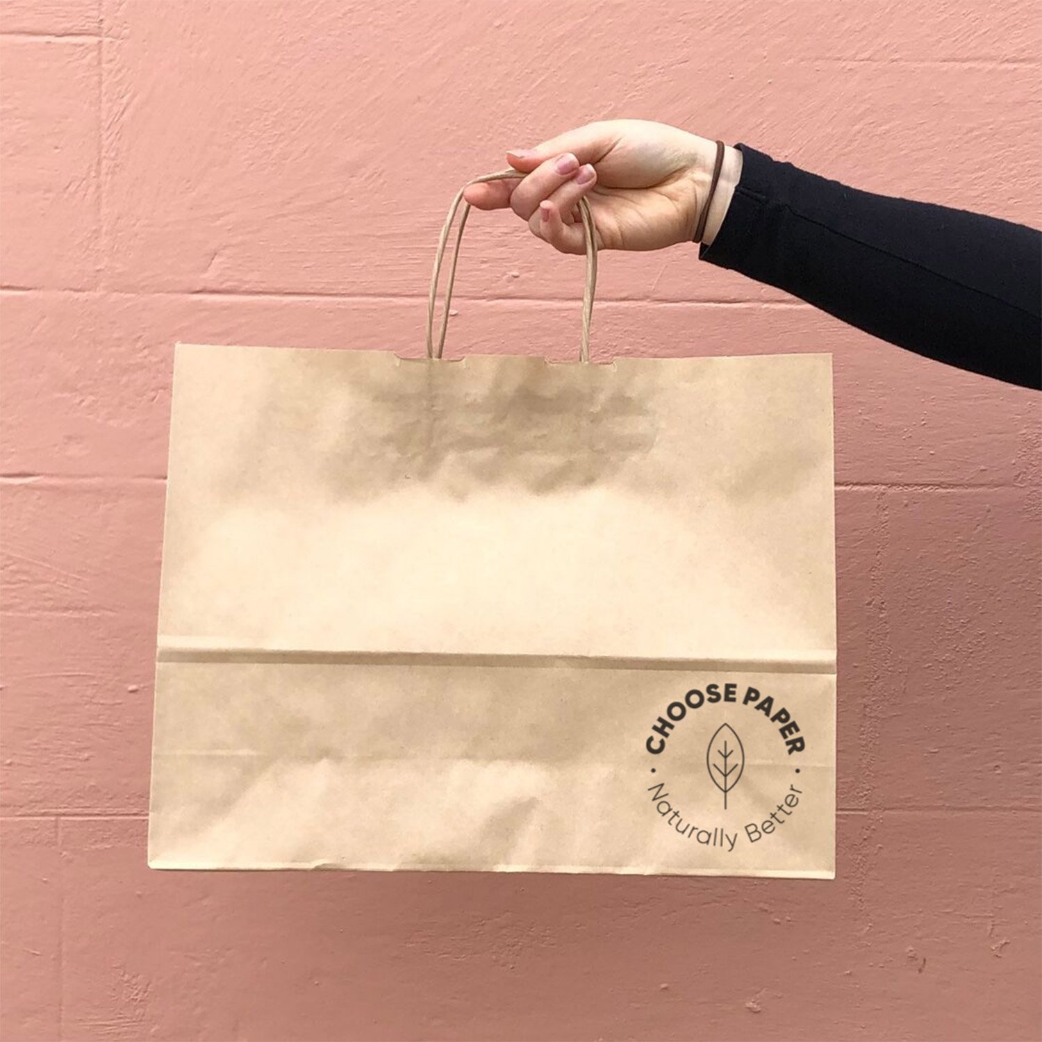 Image of a PaperPak paper bag with text Choose Paper, Naturally Better